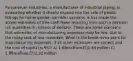 Panjandrum Industries, a manufacturer of industrial piping, is evaluating whether it should expand into the sale of plastic fittings for home garden sprinkler systems. It has made the above estimates of free cash flows resulting from such a decision (all quantities in millions of dollars). There are some concerns that estimates of manufacturing expenses may be low, due to the rising cost of raw materials. What is the break-even point for manufacturing expenses, if all other estimates are correct and the cost of capital is 9%? A) 1.66 million B)1.83 million C) 1.99 million D)2.32 million