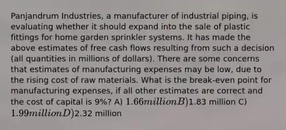 Panjandrum Industries, a manufacturer of industrial piping, is evaluating whether it should expand into the sale of plastic fittings for home garden sprinkler systems. It has made the above estimates of free cash flows resulting from such a decision (all quantities in millions of dollars). There are some concerns that estimates of manufacturing expenses may be low, due to the rising cost of raw materials. What is the break-even point for manufacturing expenses, if all other estimates are correct and the cost of capital is 9%? A) 1.66 million B)1.83 million C) 1.99 million D)2.32 million