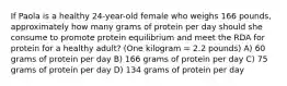 If Paola is a healthy 24-year-old female who weighs 166 pounds, approximately how many grams of protein per day should she consume to promote protein equilibrium and meet the RDA for protein for a healthy adult? (One kilogram = 2.2 pounds) A) 60 grams of protein per day B) 166 grams of protein per day C) 75 grams of protein per day D) 134 grams of protein per day