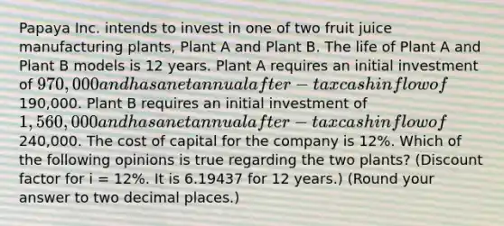 Papaya Inc. intends to invest in one of two fruit juice manufacturing plants, Plant A and Plant B. The life of Plant A and Plant B models is 12 years. Plant A requires an initial investment of 970,000 and has a net annual after-tax cash inflow of190,000. Plant B requires an initial investment of 1,560,000 and has a net annual after-tax cash inflow of240,000. The cost of capital for the company is 12%. Which of the following opinions is true regarding the two plants? (Discount factor for i = 12%. It is 6.19437 for 12 years.) (Round your answer to two decimal places.)