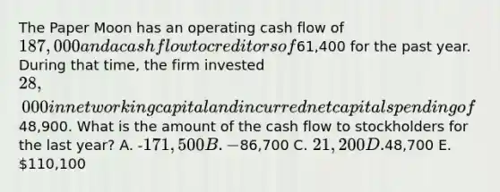 The Paper Moon has an operating cash flow of 187,000 and a cash flow to creditors of61,400 for the past year. During that time, the firm invested 28,000 in net working capital and incurred net capital spending of48,900. What is the amount of the cash flow to stockholders for the last year? A. -171,500 B. -86,700 C. 21,200 D.48,700 E. 110,100