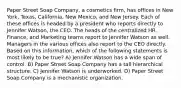 Paper Street Soap Company, a cosmetics firm, has offices in New York, Texas, California, New Mexico, and New Jersey. Each of these offices is headed by a president who reports directly to Jennifer Watson, the CEO. The heads of the centralized HR, Finance, and Marketing teams report to Jennifer Watson as well. Managers in the various offices also report to the CEO directly. Based on this information, which of the following statements is most likely to be true? A) Jennifer Watson has a wide span of control. B) Paper Street Soap Company has a tall hierarchical structure. C) Jennifer Watson is underworked. D) Paper Street Soap Company is a mechanistic organization.