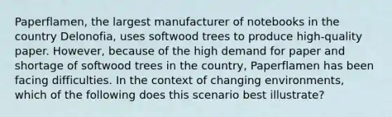 Paperflamen, the largest manufacturer of notebooks in the country Delonofia, uses softwood trees to produce high-quality paper. However, because of the high demand for paper and shortage of softwood trees in the country, Paperflamen has been facing difficulties. In the context of changing environments, which of the following does this scenario best illustrate?