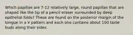 Which papillae are 7-12 relatively large, round papillae that are shaped like the tip of a pencil eraser surrounded by deep epithelial folds? These are found on the posterior margin of the tongue in a V pattern and each one contains about 100 taste buds along their sides.