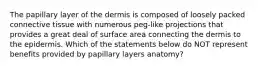 The papillary layer of the dermis is composed of loosely packed connective tissue with numerous peg-like projections that provides a great deal of surface area connecting the dermis to the epidermis. Which of the statements below do NOT represent benefits provided by papillary layers anatomy?