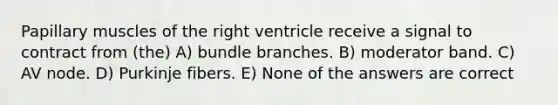 Papillary muscles of the right ventricle receive a signal to contract from (the) A) bundle branches. B) moderator band. C) AV node. D) Purkinje fibers. E) None of the answers are correct