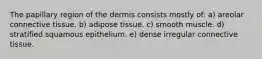 The papillary region of the dermis consists mostly of: a) areolar connective tissue. b) adipose tissue. c) smooth muscle. d) stratified squamous epithelium. e) dense irregular connective tissue.