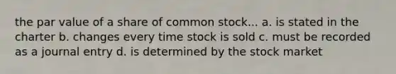 the par value of a share of common stock... a. is stated in the charter b. changes every time stock is sold c. must be recorded as a journal entry d. is determined by the stock market