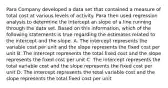 Para Company developed a data set that contained a measure of total cost at various levels of activity. Para then used regression analysis to determine the intercept an slope of a line running through the data set. Based on this information, which of the following statements is true regarding the estimates related to the intercept and the slope. A. The intercept represents the variable cost per unit and the slope represents the fixed cost per unit B. The intercept represents the total fixed cost and the slope represents the fixed cost per unit C. The intercept represents the total variable cost and the slope represents the fixed cost per unit D. The intercept represents the total variable cost and the slope represents the total fixed cost per unit