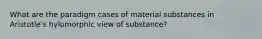 What are the paradigm cases of material substances in Aristotle's hylomorphic view of substance?