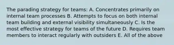 The parading strategy for teams: A. Concentrates primarily on internal team processes B. Attempts to focus on both internal team building and external visibility simultaneously C. Is the most effective strategy for teams of the future D. Requires team members to interact regularly with outsiders E. All of the above