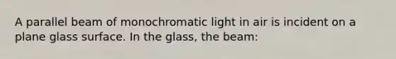 A parallel beam of monochromatic light in air is incident on a plane glass surface. In the glass, the beam: