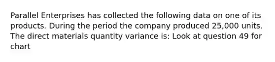 Parallel Enterprises has collected the following data on one of its products. During the period the company produced 25,000 units. The direct materials quantity variance is: Look at question 49 for chart