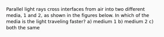 Parallel light rays cross interfaces from air into two different media, 1 and 2, as shown in the figures below. In which of the media is the light traveling faster? a) medium 1 b) medium 2 c) both the same