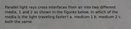 Parallel light rays cross interfaces from air into two different media, 1 and 2 as shown in the figures below. In which of the media is the light traveling faster? a. medium 1 b. medium 2 c. both the same