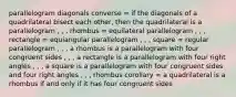 parallelogram diagonals converse = if the diagonals of a quadrilateral bisect each other, then the quadrilateral is a parallelogram , , , rhombus = equilateral parallelogram , , , rectangle = equiangular parallelogram , , , square = regular parallelogram , , , a rhombus is a parallelogram with four congruent sides , , , a rectangle is a parallelogram with four right angles , , , a square is a parallelogram with four congruent sides and four right angles , , , rhombus corollary = a quadrilateral is a rhombus if and only if it has four congruent sides