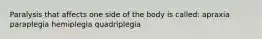 Paralysis that affects one side of the body is called: apraxia paraplegia hemiplegia quadriplegia