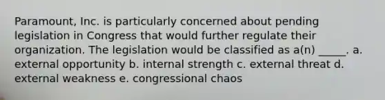 Paramount, Inc. is particularly concerned about pending legislation in Congress that would further regulate their organization. The legislation would be classified as a(n) _____. a. external opportunity b. internal strength c. external threat d. external weakness e. congressional chaos