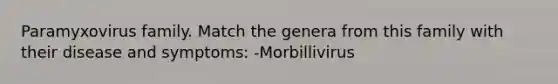 Paramyxovirus family. Match the genera from this family with their disease and symptoms: -Morbillivirus