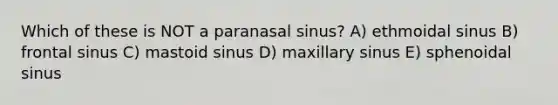 Which of these is NOT a paranasal sinus? A) ethmoidal sinus B) frontal sinus C) mastoid sinus D) maxillary sinus E) sphenoidal sinus