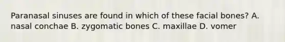 Paranasal sinuses are found in which of these facial bones? A. nasal conchae B. zygomatic bones C. maxillae D. vomer