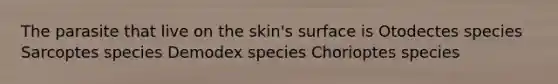 The parasite that live on the skin's surface is Otodectes species Sarcoptes species Demodex species Chorioptes species