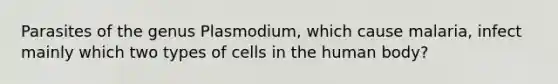 Parasites of the genus Plasmodium, which cause malaria, infect mainly which two types of cells in the human body?