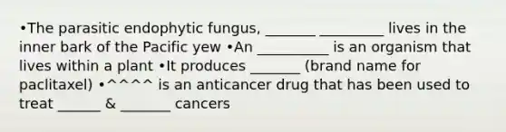 •The parasitic endophytic fungus, _______ _________ lives in the inner bark of the Pacific yew •An __________ is an organism that lives within a plant •It produces _______ (brand name for paclitaxel) •^^^^ is an anticancer drug that has been used to treat ______ & _______ cancers