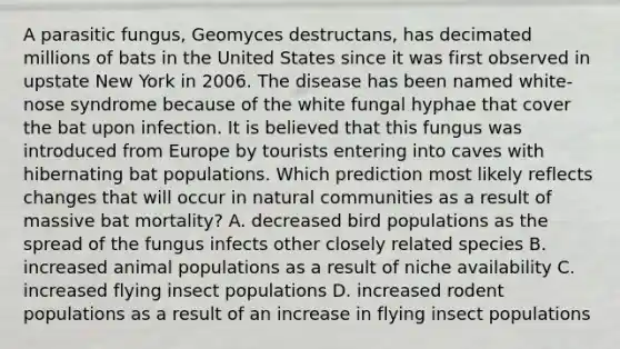 A parasitic fungus, Geomyces destructans, has decimated millions of bats in the United States since it was first observed in upstate New York in 2006. The disease has been named white-nose syndrome because of the white fungal hyphae that cover the bat upon infection. It is believed that this fungus was introduced from Europe by tourists entering into caves with hibernating bat populations. Which prediction most likely reflects changes that will occur in natural communities as a result of massive bat mortality? A. decreased bird populations as the spread of the fungus infects other closely related species B. increased animal populations as a result of niche availability C. increased flying insect populations D. increased rodent populations as a result of an increase in flying insect populations