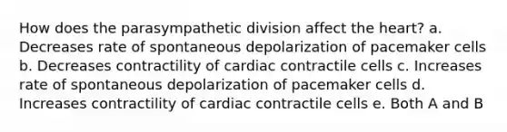 How does the parasympathetic division affect the heart? a. Decreases rate of spontaneous depolarization of pacemaker cells b. Decreases contractility of cardiac contractile cells c. Increases rate of spontaneous depolarization of pacemaker cells d. Increases contractility of cardiac contractile cells e. Both A and B