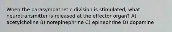 When the parasympathetic division is stimulated, what neurotransmitter is released at the effector organ? A) acetylcholine B) norepinephrine C) epinephrine D) dopamine