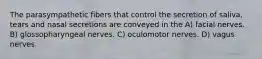 The parasympathetic fibers that control the secretion of saliva, tears and nasal secretions are conveyed in the A) facial nerves. B) glossopharyngeal nerves. C) oculomotor nerves. D) vagus nerves.