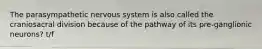 The parasympathetic nervous system is also called the craniosacral division because of the pathway of its pre-ganglionic neurons? t/f