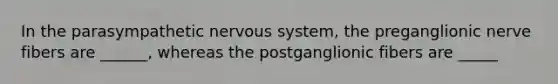 In the parasympathetic nervous system, the preganglionic nerve fibers are ______, whereas the postganglionic fibers are _____