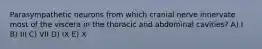 Parasympathetic neurons from which cranial nerve innervate most of the viscera in the thoracic and abdominal cavities? A) I B) III C) VII D) IX E) X