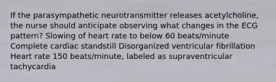 If the parasympathetic neurotransmitter releases acetylcholine, the nurse should anticipate observing what changes in the ECG pattern? Slowing of heart rate to below 60 beats/minute Complete cardiac standstill Disorganized ventricular fibrillation Heart rate 150 beats/minute, labeled as supraventricular tachycardia