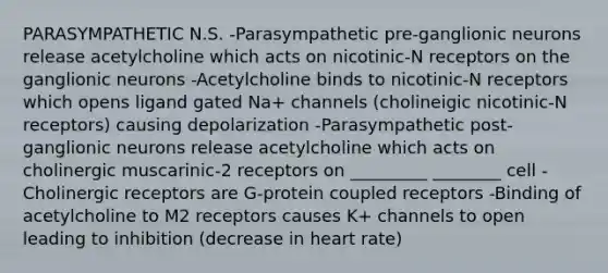 PARASYMPATHETIC N.S. -Parasympathetic pre-ganglionic neurons release acetylcholine which acts on nicotinic-N receptors on the ganglionic neurons -Acetylcholine binds to nicotinic-N receptors which opens ligand gated Na+ channels (cholineigic nicotinic-N receptors) causing depolarization -Parasympathetic post-ganglionic neurons release acetylcholine which acts on cholinergic muscarinic-2 receptors on _________ ________ cell -Cholinergic receptors are G-protein coupled receptors -Binding of acetylcholine to M2 receptors causes K+ channels to open leading to inhibition (decrease in heart rate)