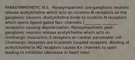 PARASYMPATHETIC N.S. -Parasympathetic pre-ganglionic neurons release acetylcholine which acts on nicotinic-N receptors on the ganglionic neurons -Acetylcholine binds to nicotinic-N receptors which opens ligand gated Na+ channels (_________ ________ receptors) causing depolarization -Parasympathetic post-ganglionic neurons release acetylcholine which acts on cholinergic muscarinic-2 receptors on cardiac pacemaker cell -Cholinergic receptors are G-protein coupled receptors -Binding of acetylcholine to M2 receptors causes K+ channels to open leading to inhibition (decrease in heart rate)