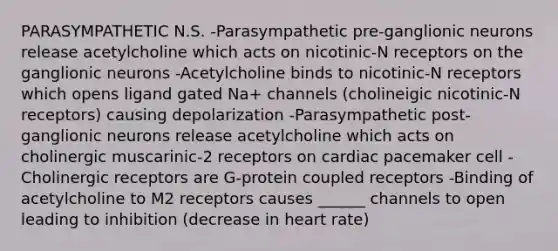 PARASYMPATHETIC N.S. -Parasympathetic pre-ganglionic neurons release acetylcholine which acts on nicotinic-N receptors on the ganglionic neurons -Acetylcholine binds to nicotinic-N receptors which opens ligand gated Na+ channels (cholineigic nicotinic-N receptors) causing depolarization -Parasympathetic post-ganglionic neurons release acetylcholine which acts on cholinergic muscarinic-2 receptors on cardiac pacemaker cell -Cholinergic receptors are G-protein coupled receptors -Binding of acetylcholine to M2 receptors causes ______ channels to open leading to inhibition (decrease in heart rate)