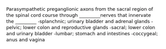 Parasympathetic preganglionic axons from the sacral region of <a href='https://www.questionai.com/knowledge/kkAfzcJHuZ-the-spinal-cord' class='anchor-knowledge'>the spinal cord</a> course through _________nerves that innervate the _________ -splanchnic; <a href='https://www.questionai.com/knowledge/kb9SdfFdD9-urinary-bladder' class='anchor-knowledge'>urinary bladder</a> and adrenal glands -pelvic; lower colon and reproductive glands -sacral; lower colon and urinary bladder -lumbar; stomach and intestines -coccygeal; anus and vagina