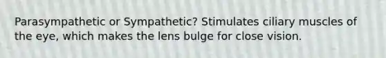 Parasympathetic or Sympathetic? Stimulates ciliary muscles of the eye, which makes the lens bulge for close vision.