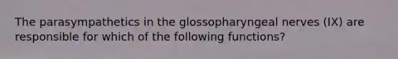 The parasympathetics in the glossopharyngeal nerves (IX) are responsible for which of the following functions?