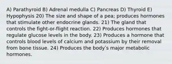 A) Parathyroid B) Adrenal medulla C) Pancreas D) Thyroid E) Hypophysis 20) The size and shape of a pea; produces hormones that stimulate other endocrine glands. 21) The gland that controls the fight-or-flight reaction. 22) Produces hormones that regulate glucose levels in the body. 23) Produces a hormone that controls blood levels of calcium and potassium by their removal from bone tissue. 24) Produces the bodyʹs major metabolic hormones.