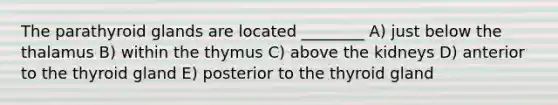 The parathyroid glands are located ________ A) just below the thalamus B) within the thymus C) above the kidneys D) anterior to the thyroid gland E) posterior to the thyroid gland