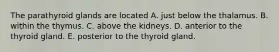 The parathyroid glands are located A. just below the thalamus. B. within the thymus. C. above the kidneys. D. anterior to the thyroid gland. E. posterior to the thyroid gland.