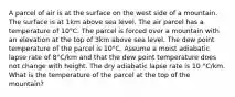 A parcel of air is at the surface on the west side of a mountain. The surface is at 1km above sea level. The air parcel has a temperature of 10°C. The parcel is forced over a mountain with an elevation at the top of 3km above sea level. The dew point temperature of the parcel is 10°C. Assume a moist adiabatic lapse rate of 8°C/km and that the dew point temperature does not change with height. The dry adiabatic lapse rate is 10 °C/km. What is the temperature of the parcel at the top of the mountain?