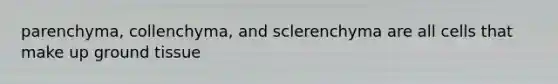 parenchyma, collenchyma, and sclerenchyma are all cells that make up <a href='https://www.questionai.com/knowledge/kb0kKBaH0H-ground-tissue' class='anchor-knowledge'>ground tissue</a>
