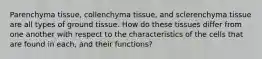 Parenchyma tissue, collenchyma tissue, and sclerenchyma tissue are all types of ground tissue. How do these tissues differ from one another with respect to the characteristics of the cells that are found in each, and their functions?