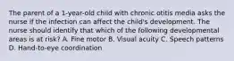 The parent of a 1-year-old child with chronic otitis media asks the nurse if the infection can affect the child's development. The nurse should identify that which of the following developmental areas is at risk? A. Fine motor B. Visual acuity C. Speech patterns D. Hand-to-eye coordination