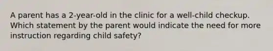 A parent has a 2-year-old in the clinic for a well-child checkup. Which statement by the parent would indicate the need for more instruction regarding child safety?